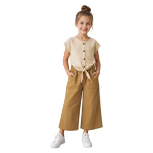 Linen 2-5883 girls' wide-leg pants and shirt setشست شومیز و شلوار بگ واید دخترانه لینن